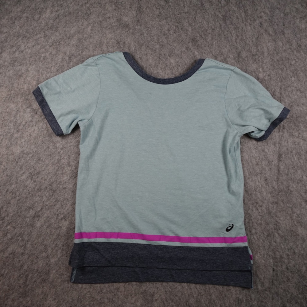 Asics Top Women Medium Blue V Back Short Sleeve Colorblock Stripe 2032B795